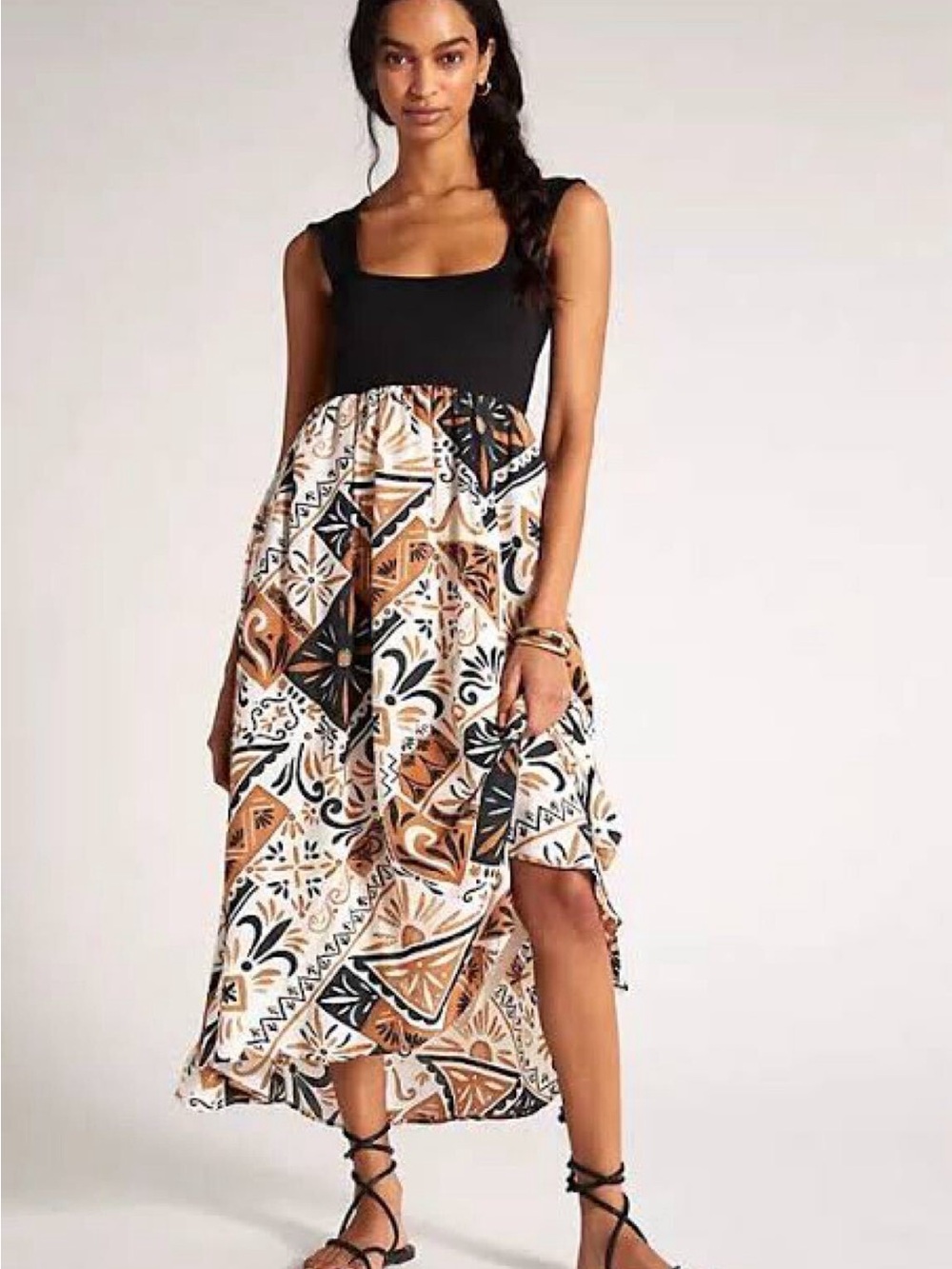 Anthropologie Black & Tan Printed High-Low Maxi Dress